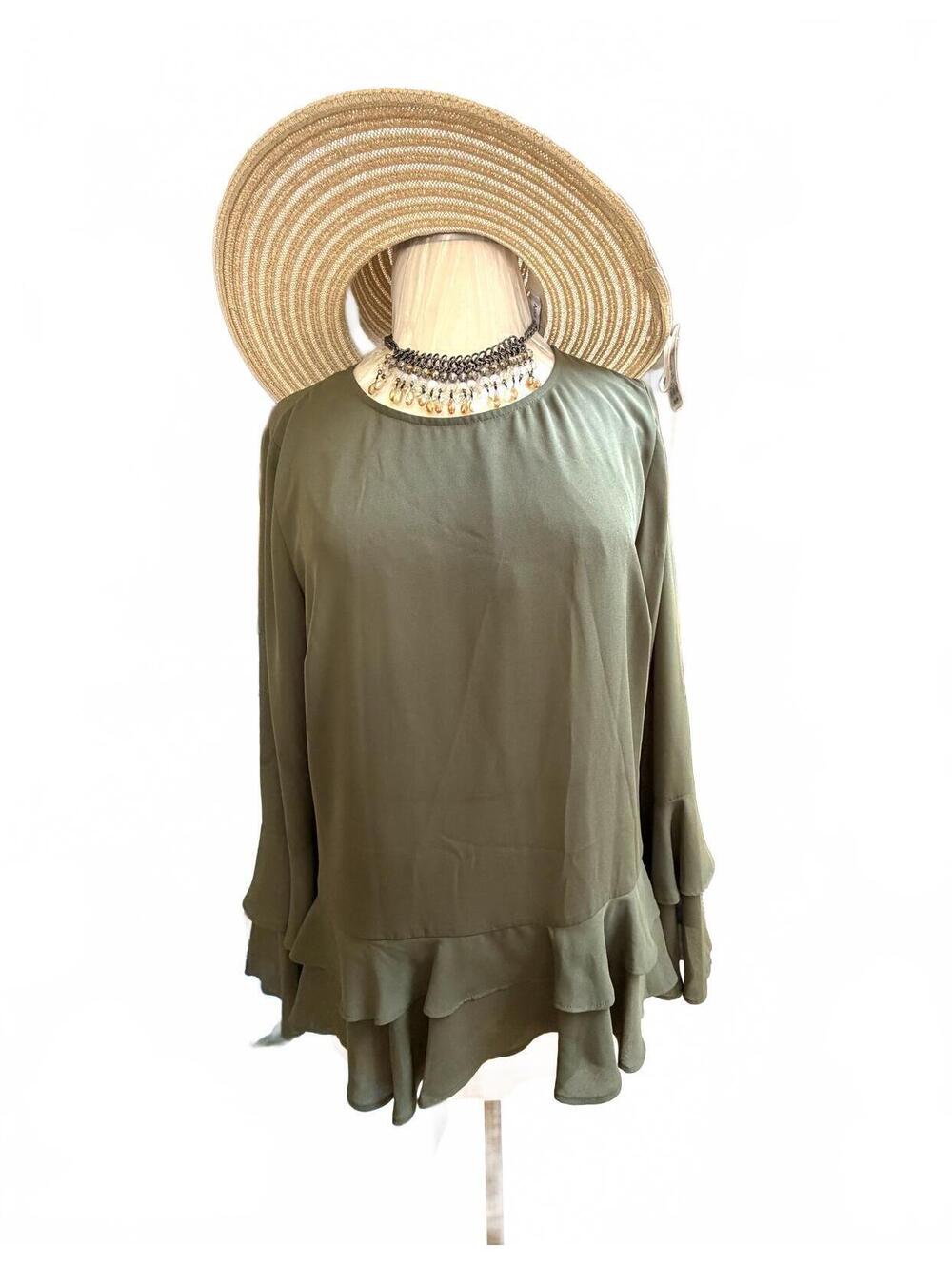 Worthington Olive Green Long Sleeve Ruffle Hem Blouse Large